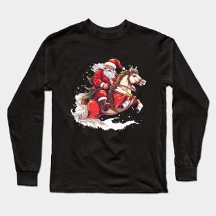 Merry Christmas Santa Claus Riding Red Horse Long Sleeve T-Shirt